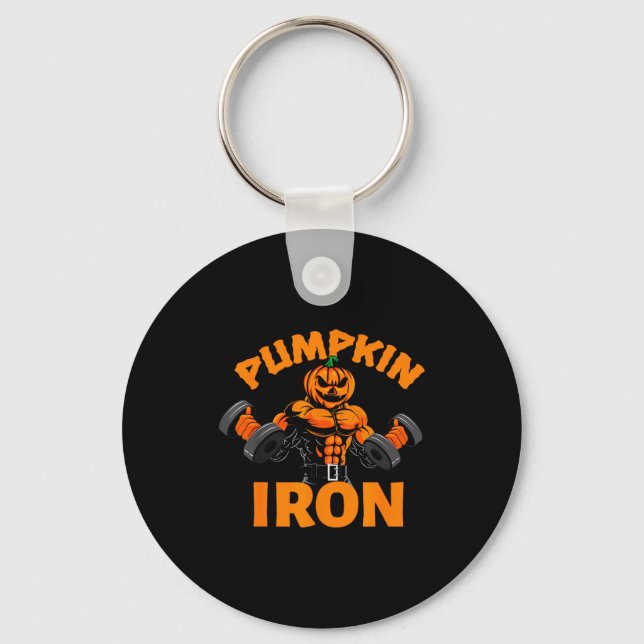 Pumpkin Iron Halloween Gym Workout Lifting Pun Fun Keychain (Front)