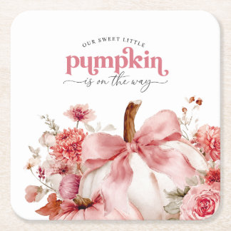 Pumpkin Is On The Way Pink Pumpkin Baby Shower Square Paper Coaster