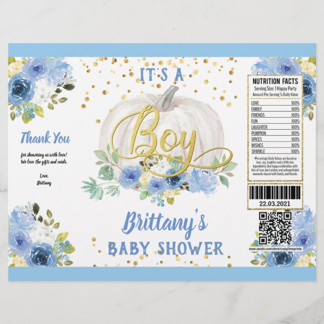 Pumpkin It's A Boy Baby Shower Chip Bag Wrapper (Front)