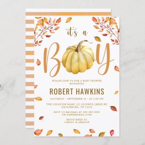 Pumpkin Its A Boy Baby Shower Invitation