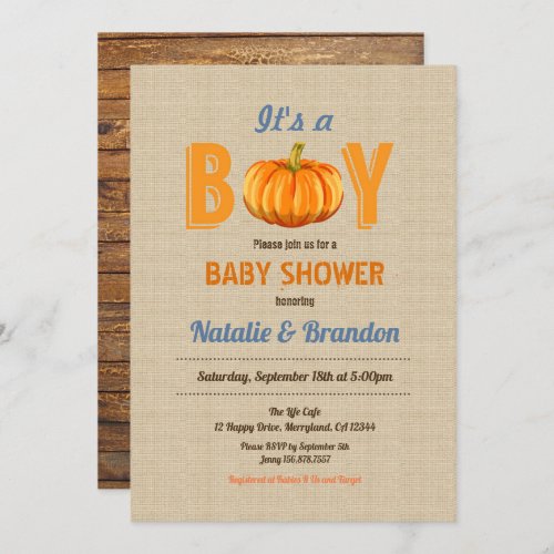 Pumpkin its a boy baby shower invitation burlap