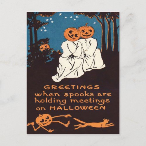 Pumpkin Jack O Lantern Ghost Black Cat Tree Postcard