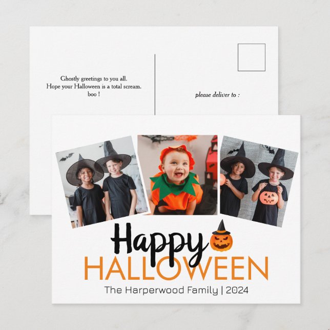 pumpkin jack-o-lantern Halloween Family 3 Photo Holiday Postcard (Front/Back)