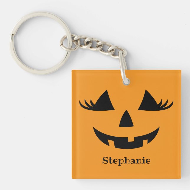 Pumpkin Jack O Lantern Lashes With First Name Keychain (Front)