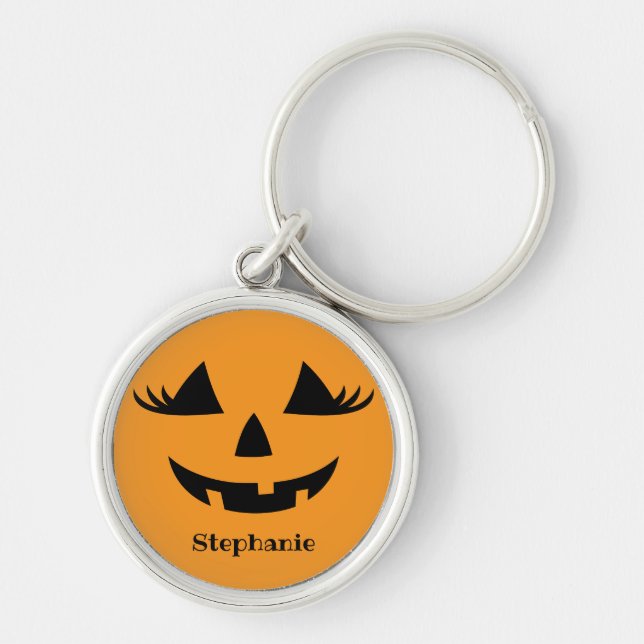 Pumpkin Jack O Lantern Lashes With First Name Keychain (Front)