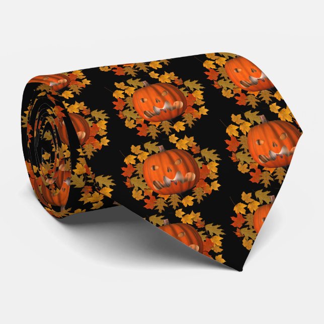 Pumpkin Jack O Lantern Leaves Halloween Neck Tie (Rolled)