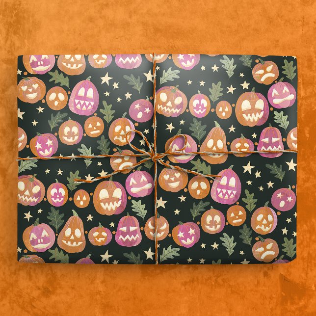 Pumpkin Jack-o'-lantern Parade Pattern Wrapping Paper (Gift Mockup)