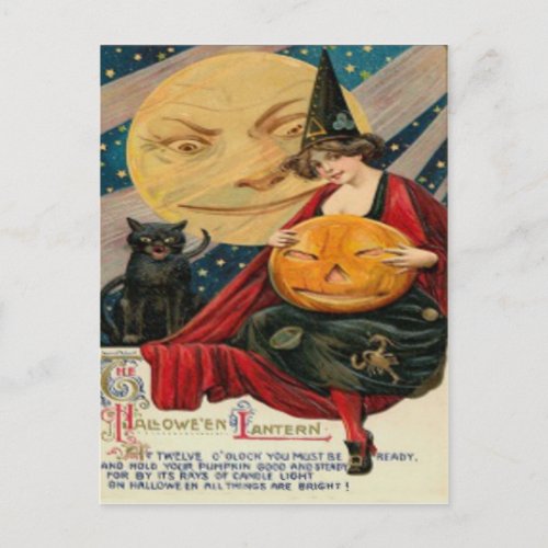 Pumpkin Jack O Lantern Witch Black Cat Postcard