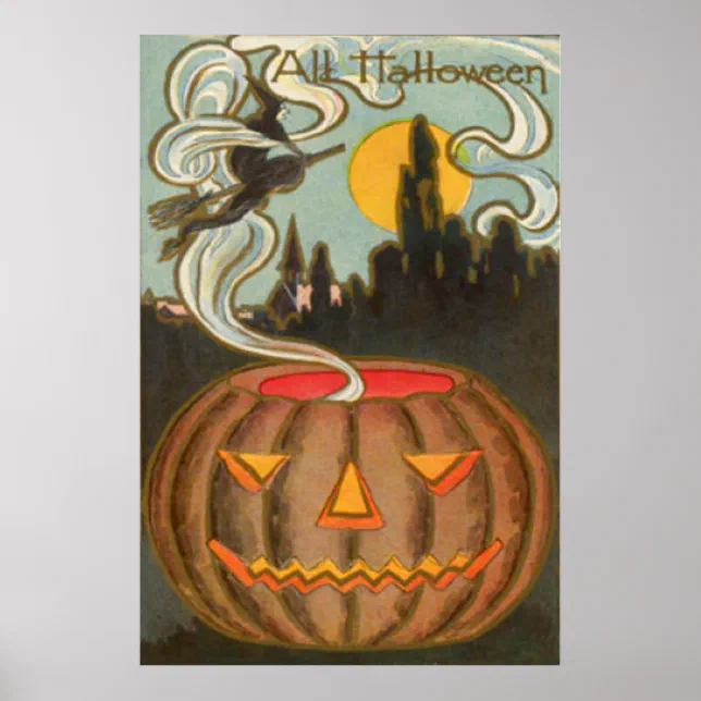 Pumpkin Jack O Lantern Witch Full Moon Poster | Zazzle