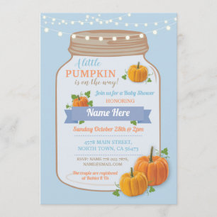 Pumpkin Jar Fall Blue Boy Baby Shower Invite