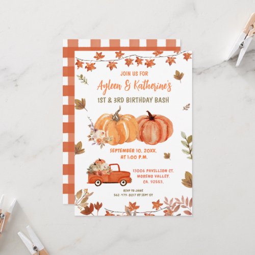 Pumpkin Joint Birthday Siblings Autumn Party  Invitation