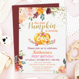 Pumpkin Kids Birthday Party Fall Burgundy Floral Invitation
