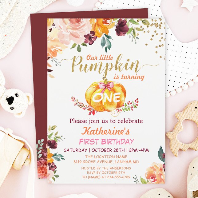 Pumpkin Kids Birthday Party Fall Burgundy Floral Invitation (Creator Uploaded)