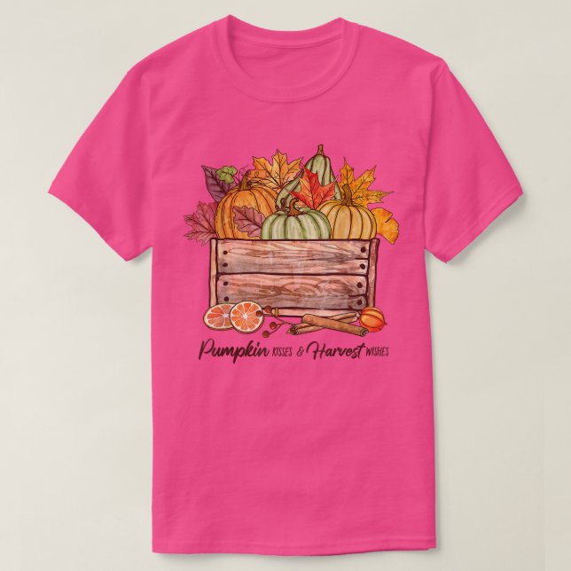 Pumpkin Kisses And Harvest Wishes Cute Fall Autumn T-Shirt (Design Front)