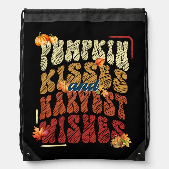 Pumpkin Kisses and Harvest Wishes, Fall Spirit Drawstring Bag (Front)