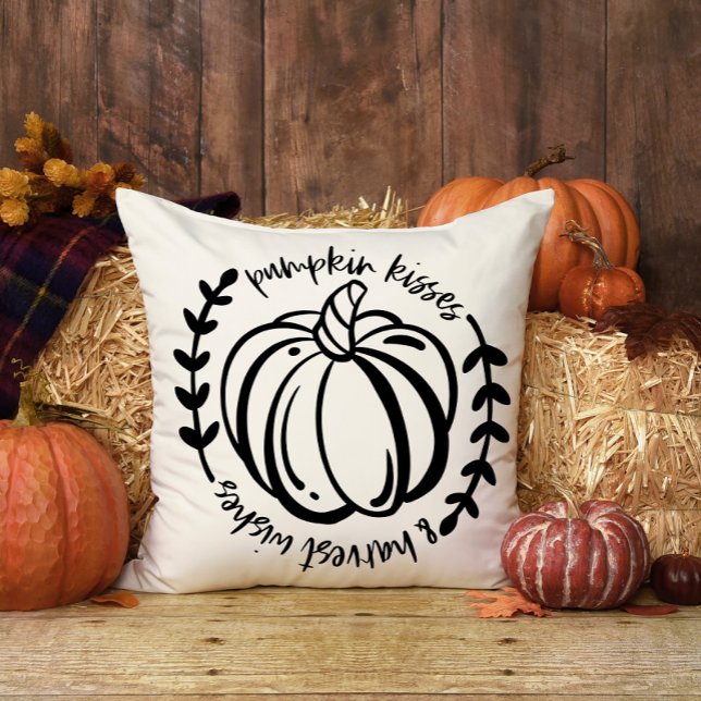 Pumpkin Kisses Harvest Wishes Black Plaid Throw Pillow (Creator Uploaded)