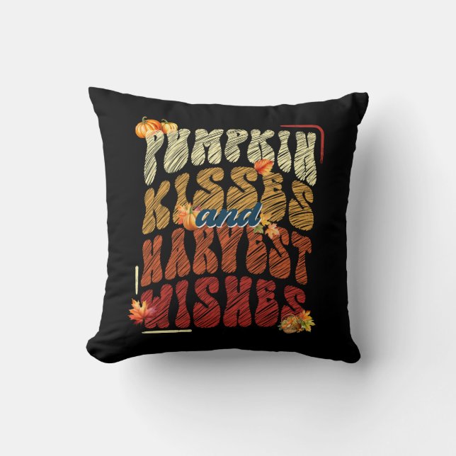 Pumpkin Kisses Harvest Wishes, Bold Retro Fall Throw Pillow (Front)