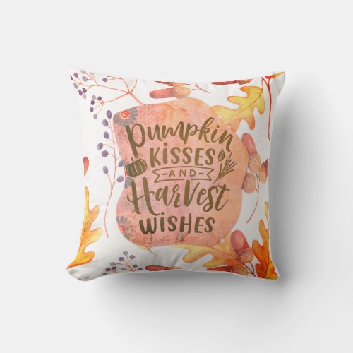 Pumpkin Kisses Harvest Wishes Fall Autumn Leaves Throw Pillow