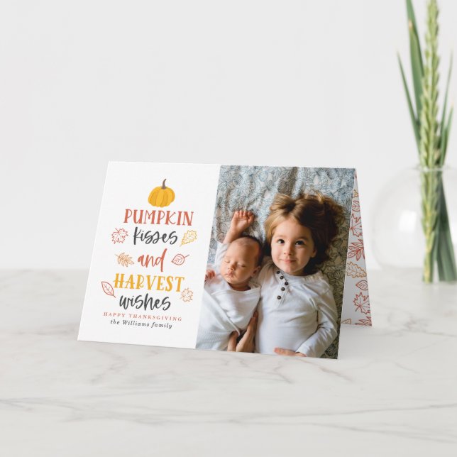 Pumpkin Kisses & Harvest Wishes Thanksgiving Holid Holiday Card (Front)