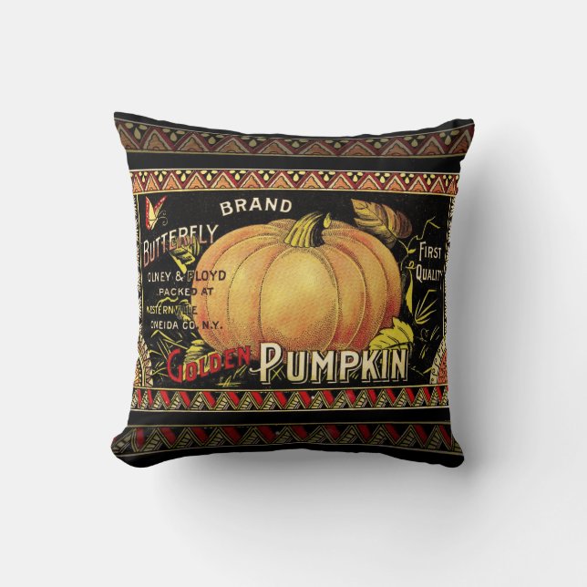 Pumpkin Label Antique Butterfly Brand Throw Pillow (Front)
