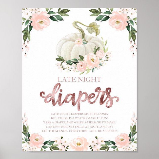 Pumpkin Late Night Diapers Baby Shower Game Sign (Front)