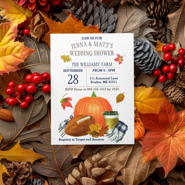 Pumpkin Latte Football Navy Blue Wedding Shower Invitation (Creator Uploaded)