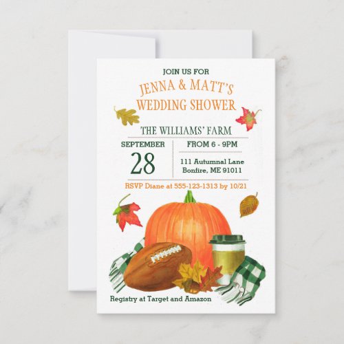 Pumpkin Latte Football Navy Green Wedding Shower Invitation