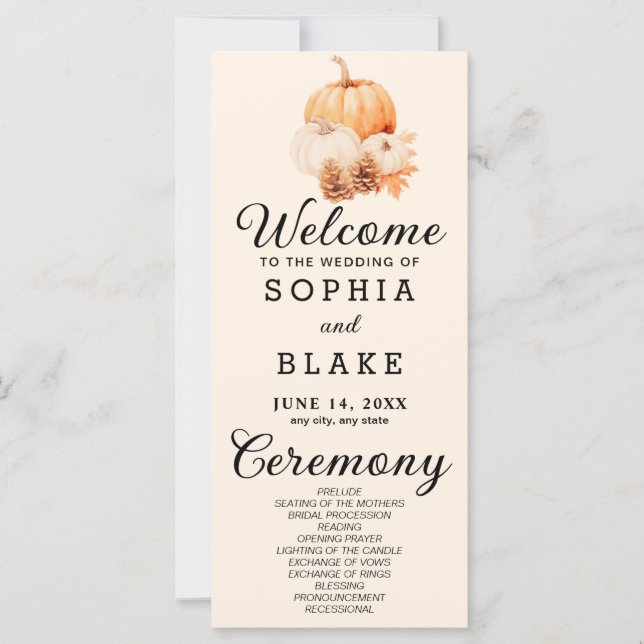 Pumpkin & Leaves Fall Almond Wedding Program (Front)