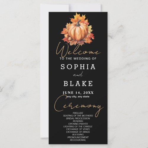 Pumpkin  Leaves Fall Black Wedding Program