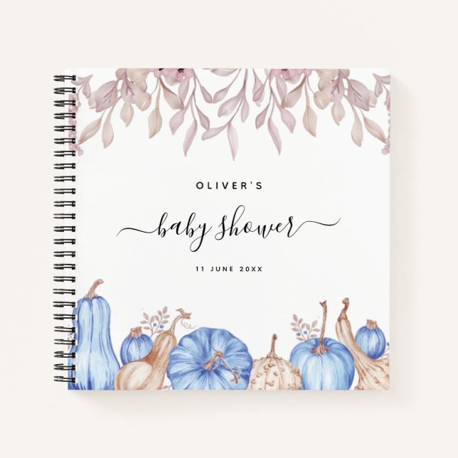 Pumpkin Leaves Fall Blue Baby Shower Guestbook Notebook (Front)