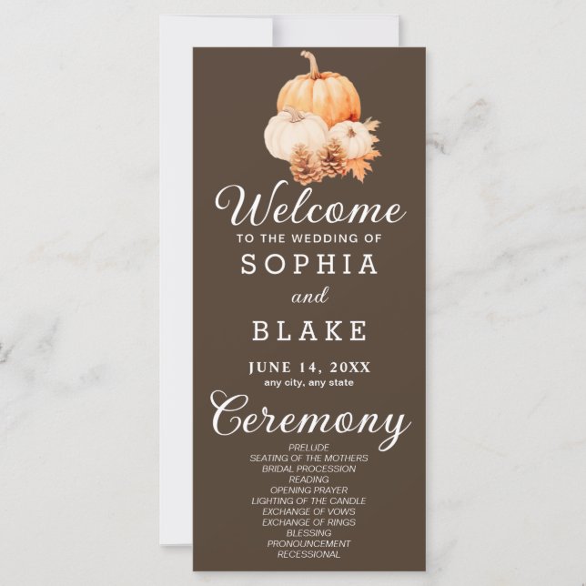 Pumpkin & Leaves Fall Cedar Brown Wedding Program (Front)