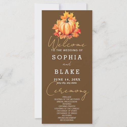 Pumpkin  Leaves Fall Dark Brown Wedding Program