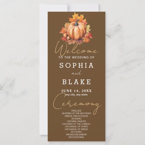 Pumpkin  Leaves Fall Dark Brown Wedding Program