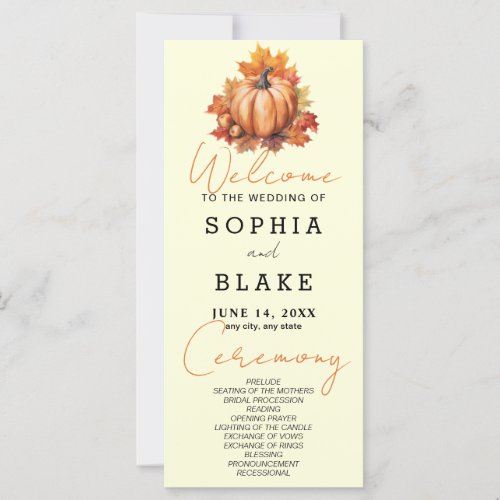 Pumpkin  Leaves Fall Light Yellow Wedding Program