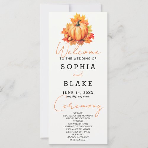 Pumpkin  Leaves Fall Off White Wedding Program