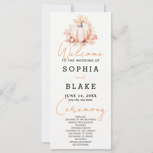 Pumpkin  Leaves Fall Off White Wedding Program