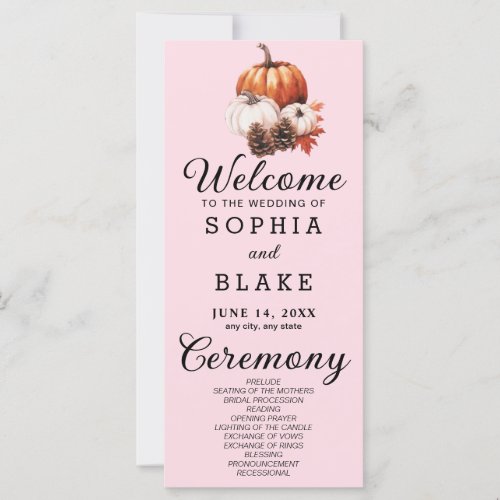 Pumpkin  Leaves Fall Soft Pink Wedding Program