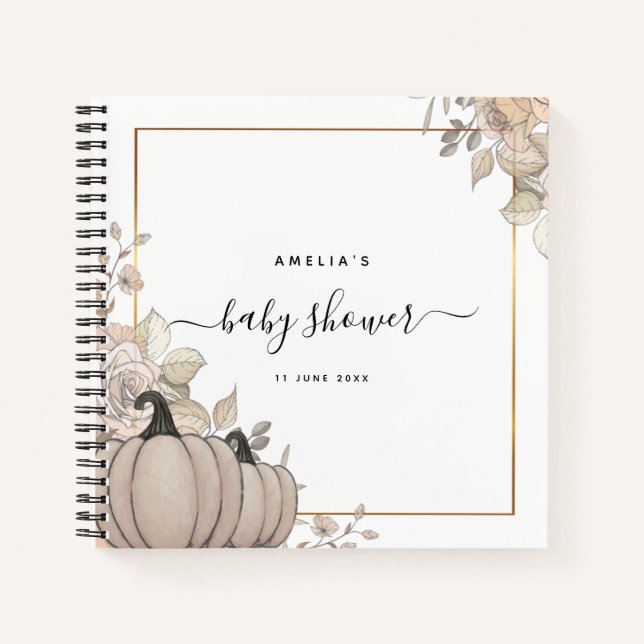 Pumpkin Leaves Fall White Baby Shower Guestbook  Notebook (Front)