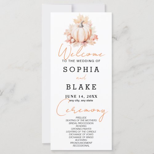 Pumpkin  Leaves Fall White Wedding Program