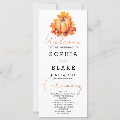 Pumpkin  Leaves Fall White Wedding Program