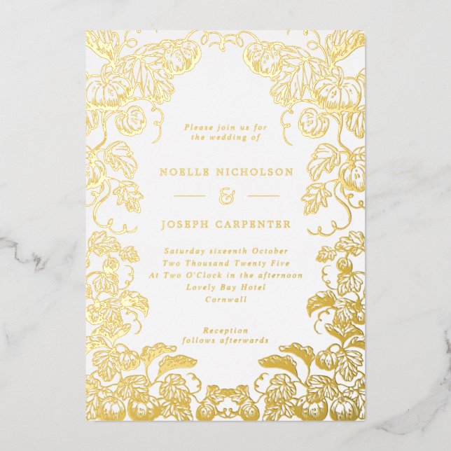Pumpkin & Leaves Line Drawn Frame Fall Wedding Foil Invitation (Front)