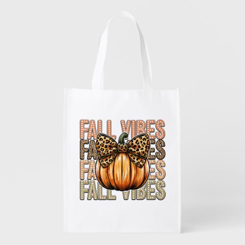 Pumpkin Leopard Bow Fall Vibes Grocery Bag