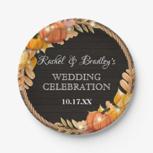 Pumpkin Light Autumn Fall Rustic Wood Barn Wedding Paper Plates
