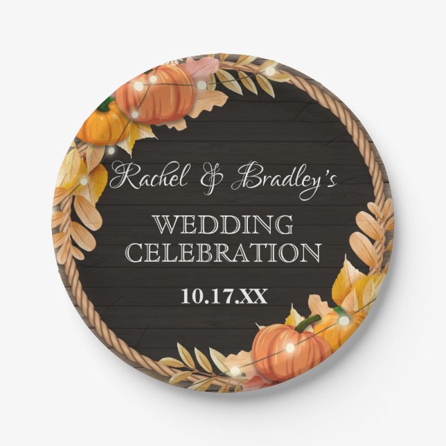 Pumpkin Light Autumn Fall Rustic Wood Barn Wedding Paper Plates (Front)
