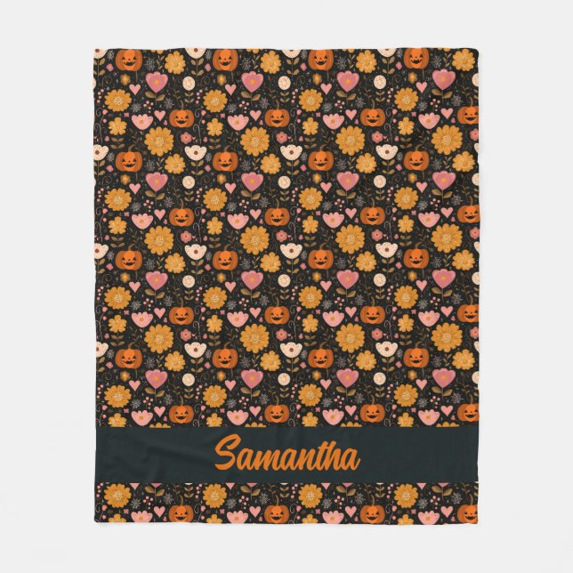 Pumpkin Love with Hearts and Flowers Fleece Blanket (Front)