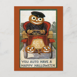 Pumpkin Man Driving a Car - Halloween Postcard