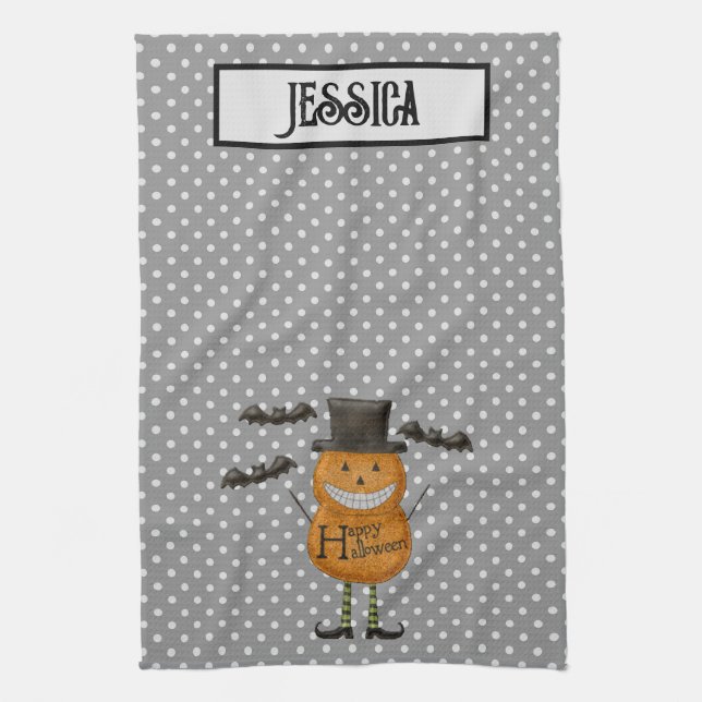 Pumpkin Man - Happy Halloween - Grey Polka Dots Kitchen Towel (Vertical)