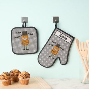 Pumpkin Man - Happy Halloween - Grey Polka Dots Oven Mitt & Pot Holder Set