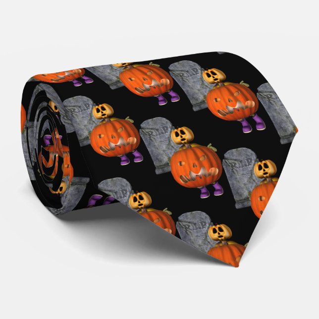 Pumpkin Man Tombstone Halloween Funny Neck Tie (Rolled)