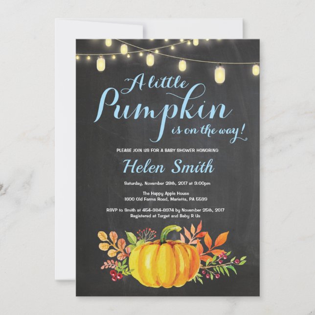 Pumpkin Mason Jar String Lights Boy Baby Shower Invitation (Front)